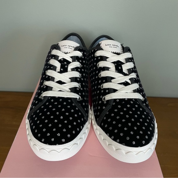 KATE SPADE Vale Black Silver Glitter Dotted Low Top Velvet Sneaker Scalloped 7.5 - Picture 7 of 16